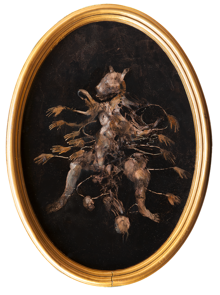 Sergio Padovani, L'amore vero, 2023, olio, bitume e resina su tavola ovale, 53x39 cm con cornice. Ph. Mauro Terzi
