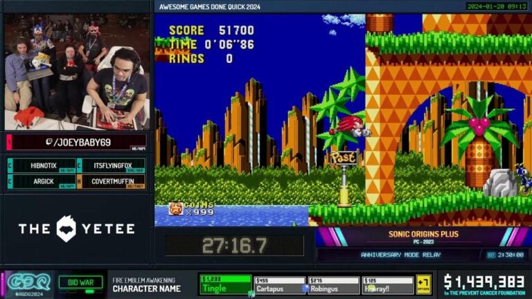 Speedrun di Sonic Origins Plus di itsflyingfox, JoeyBaby69, Sonikkustar e SuperSonic a AGDQ 2024 di Games Done Quick via YouTube