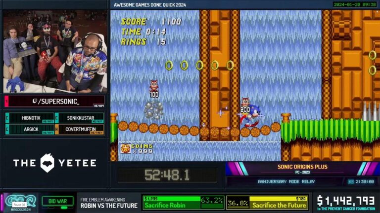 Speedrun di Sonic Origins Plus di itsflyingfox, JoeyBaby69, Sonikkustar e SuperSonic a AGDQ 2024 di Games Done Quick via YouTube