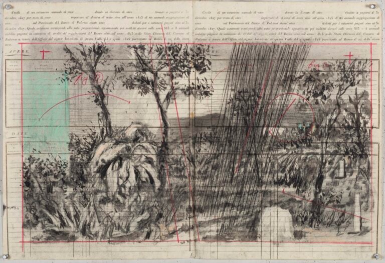 William Kentridge, Chiesa di San Francesco Saverio, Palermo - Cash Book Drawing III, 2023, indian ink, charcoal, coloured pencil and pastel on found paper, 52 × 76,8 cm