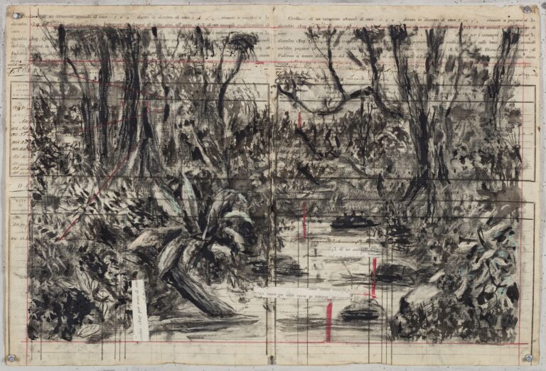 William Kentridge, Chiesa di San Francesco Saverio, Palermo - Cash Book Drawing IX, 2023, charcoal, indian ink, coloured pencil, found paper, pastel and collage on found paper, 52 × 76,8 cm