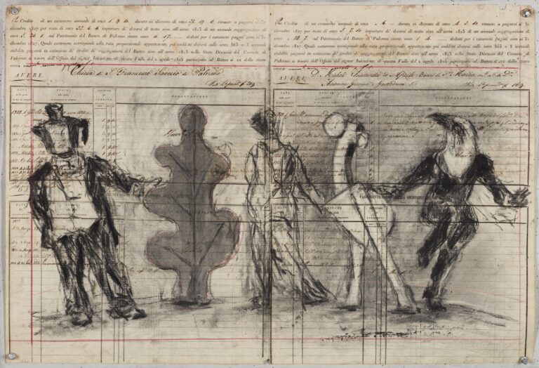 William Kentridge, Chiesa di San Francesco Saverio, Palermo - Cash Book Drawing VII, 2023, indian ink, charcoal and coloured pencil on found paper, 52 × 76,8 cm
