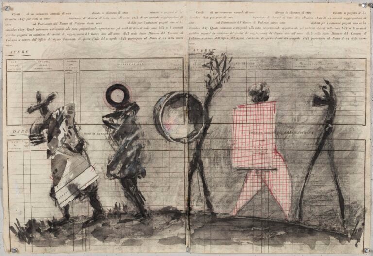 William Kentridge, Chiesa di San Francesco Saverio, Palermo - Cash Book Drawing VIII, 2023, indian ink, charcoal and coloured pencil on found paper, 52 × 76,8 cm