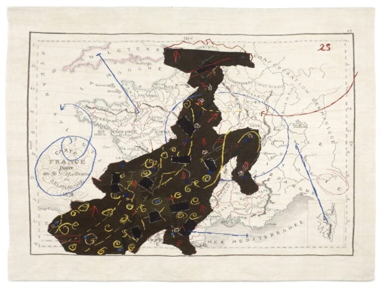 William Kentridge, Porter Series - Carte de France Divisèe en 86 departements (Dancing Lady), 2006-2007, tapestry, mohair silk and embroidery, 250 × 350 cm
