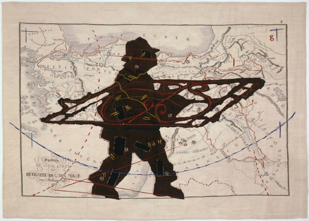 William Kentridge, Porter Series - Expedition de Jeune Cyrus et retraite des dix mille (with Wrought Iron), 2006-2007, tapestry, mohair silk and embroidery, 255 × 360 cm