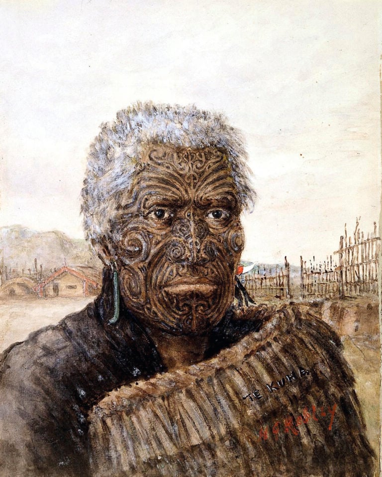 Te Kuha: a carver and warrior. Watercolour by H.G. Robley