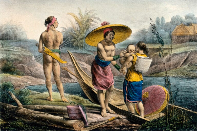Gordon Henrici. Donna Dyak in una canoa che porge suo figlio ad una donna sulla sponda del fiume_ e un uomo tatuato con diversi oggetti (1839)