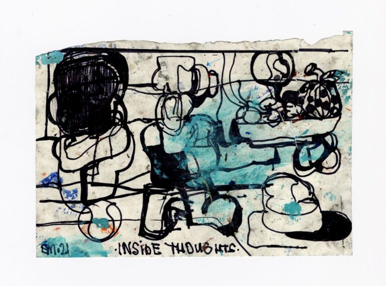 Eddie Martinez, Inside Thoughts, 2021. Pennarello, acquerello e inserti materici su carta / Sharpie, watercolor and debris on paper, 14 x 19.1 cm / 5 1/2 x 7 1/2 in.