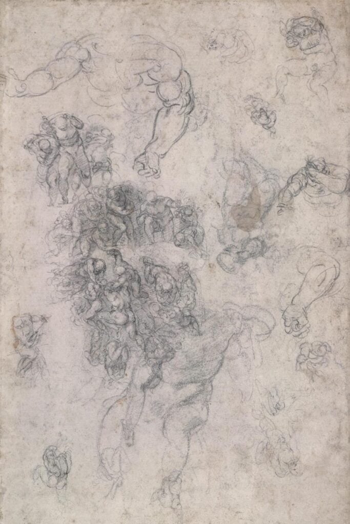 Michelangelo Buonarroti (1475–1564), studies for the Last Judgment. Black and red chalk on paper, about 1534–36