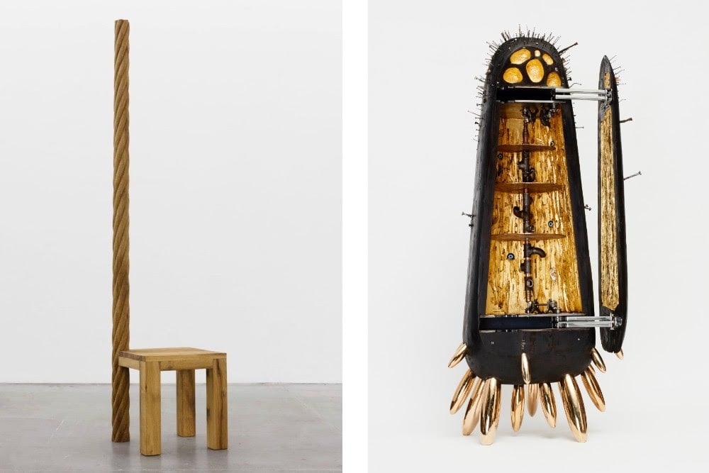 Mircea Cantor, Add Verticality to your seat (To Socrate), 2018, scultura in legno di quercia; Erwan Boulloud, Fétiche II, 2023, Mobile, Legno bruciato e bronzo