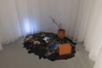 Lettera d’amore, 2024. Exhibition view with Laure Prouvost, This Means Love, 2020 Squid ink, water, branches, stones, leaves, video. Variable dimensions Kunsthalle Lissabon, Lisbon. Curated by Alberta Romano. Exhibition design Carlos Bártolo. Photo: Bruno Lopes.