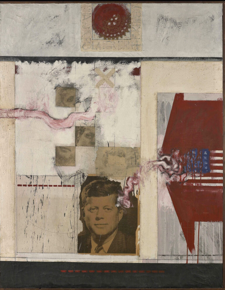 Paolo Baratella, Un'aureola per John Fitzgerald Kennedy, 1965, collage, tecnica mista su tela, cm 147 x 114. Collezione privata, Courtesy Farsettiarte, Prato