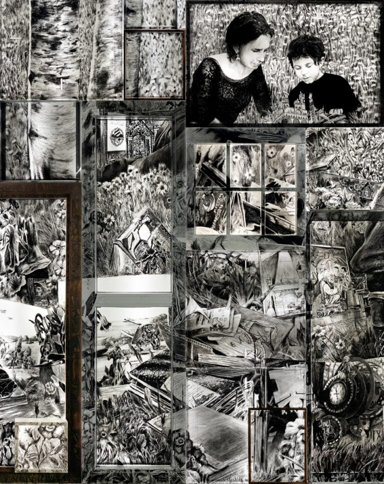 Andrea Mastrovito, Matelda, 2024, lithographic pencil on savaged fixtures, frames and furniture, lightbox, 340 x 390 cm. Courtesy the artist and Wilde Gallery, Geneva