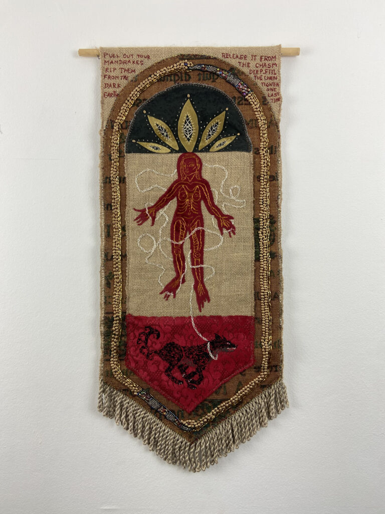 Alexi Marshall, Pull Out Your Mandrakes, 2024, mixed textile with hand embroidery and hand beading. Courtesy Artista & z2o Sara Zanin