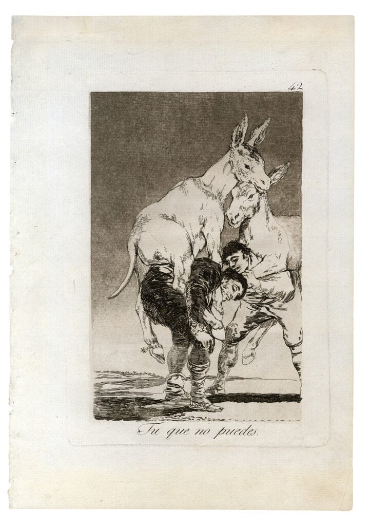 Francisco Goya, Tu che non puoi, dalla serie Caprichos, 1797-99, Acquaforte e acquatinta, Real Academia de Bellas Artes de San Fernando, Madrid