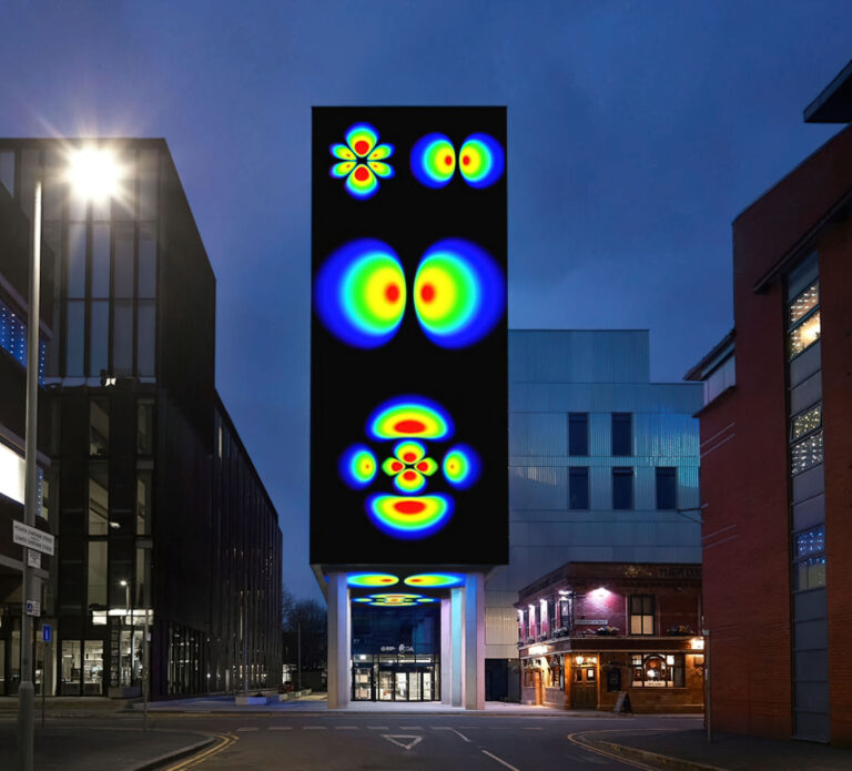 Giuliana Cunéaz, Quantum Quirks, 2024 videoproiezione sulla facciata di SODA (Modal gallery School of Digital Arts), Manchester