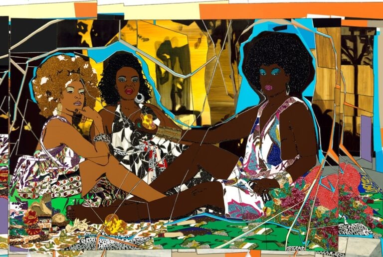 Mickalene Thomas, Le déjeuner sur l'herbe. Les trois femmes noires, 2010