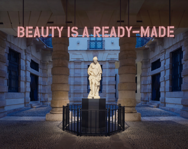 Claire Fontaine (Collettivo - Parigi, 2004), Beauty is a ready made, 2024, Lettere a LED tridimensionali, struttura e supporto Alessandro Puttinati, La Bagnante, 1846, Marmo di Carrara, Verona, Palazzo Maffei Casa Museo. Photo: Andrea Pugiotto