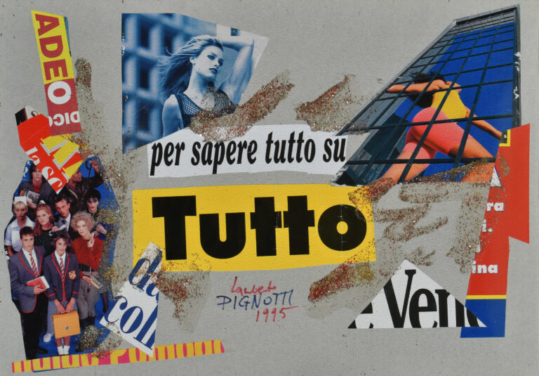 Lamberto Pignotti, Per sapere tutto su tutto, 1995, collage su cartone