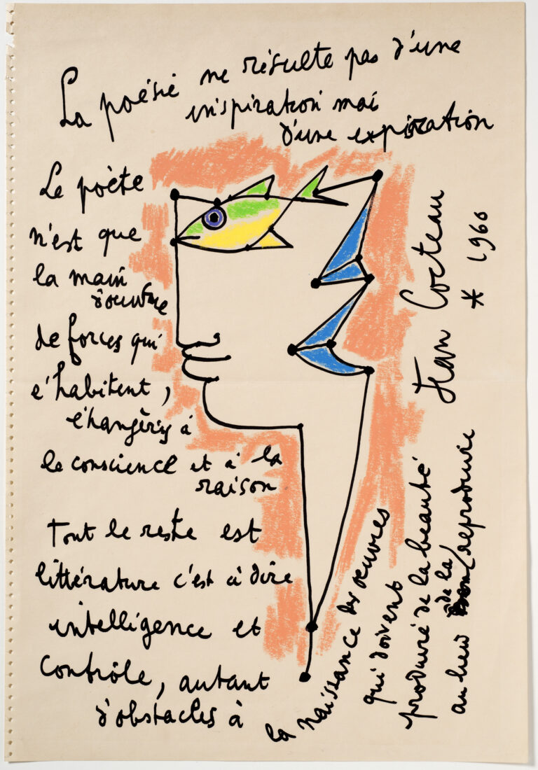 Jean Cocteau Poesia (La Poésie) Poetry (La Poésie) 1960 Pennarello e pastello su carta Felt-tip pen and pastel on paper 54 x 37 cm Bruxelles, Collezione Kontaxopoulos Prokopchuk Collection Kontaxopoulos Prokopchuk, Brussels Photo ©yankont@pt.lu © Adagp/Comité Cocteau, Paris, by SIAE 2024.