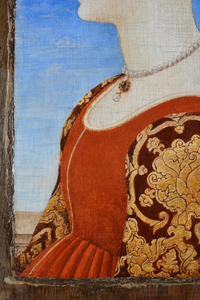 fig 4 dettaglio tessuto ritratto di dama attribuito a pollaiolo collezione privata Moda, arte e società nei ritratti del Pollaiolo: c’è una nuova “dama” da attribuire al pittore?