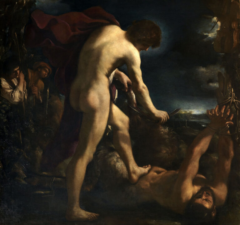 guercino apollo scortica marsia 1618 olio su tela 1855 x 200 cm firenze gallerie degli uffizi palazzo pitti Guercino, il mestiere del pittore. La mostra a Torino