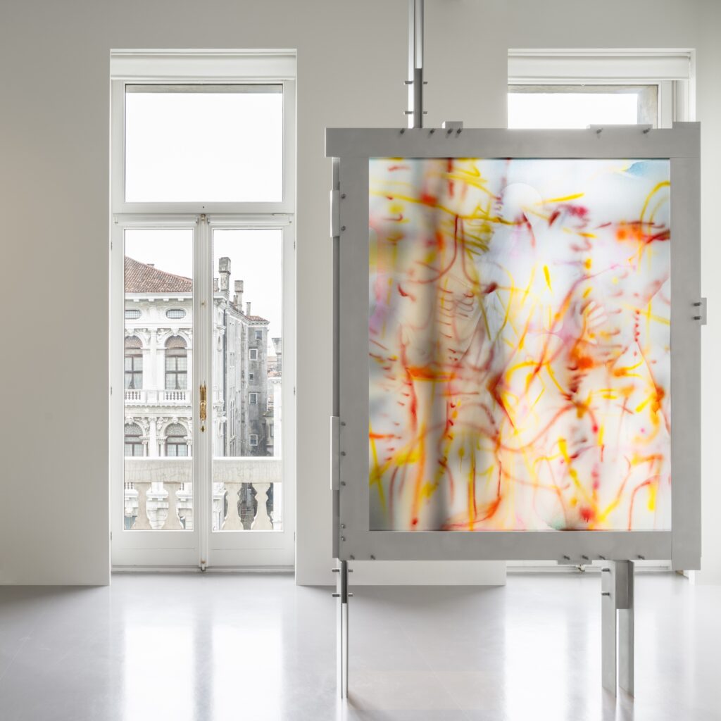 Julie Mehretu​, TRANSpaintings (hand), 2023, Courtesy of the artist and White Cube. Installation view, “Julie Mehretu. Ensemble”, 2024, Palazzo Grassi, Venezia. Photo Marco Cappelletti © Palazzo Grassi, Pinault Collection