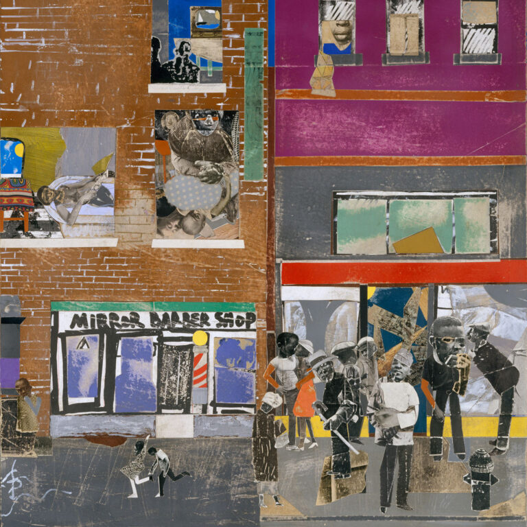 Romare Bearden, The Block, 1971. The Metropolitan Museum of Art, Gift of Mr. and Mrs. Samuel Shore, 1978 (1978.61.1-.6) © 2024, Romare Bearden Foundation : Licensed by VAGA at Artists Rights Society (ARS), NY