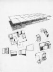 Case Parasol (non realizzate), schizzo prospettico, impostazione planimetrica e studio di alcuni dettagli delle unità edilizie prefabbricate progettate da Stonorov e Kahn per la Knoll Associates Planning Unit, inchiostro su carta da lucido, 1944. Credit Filadelfia, University of Pennsylvania and the Pennsylvania Historical and Museum Commission, Louis I. Kahn Collection.