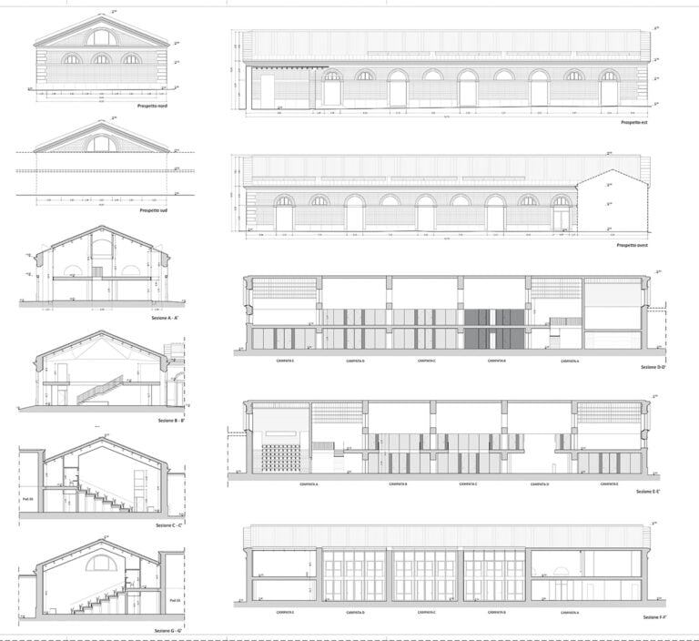 Prospetti e sezioni del padiglione 15 c. Progetto per l’insediamento dell’Università degli Studi Roma Tre nell’area dell’Ex-Mattatoio © Arch. Francesco Damiani