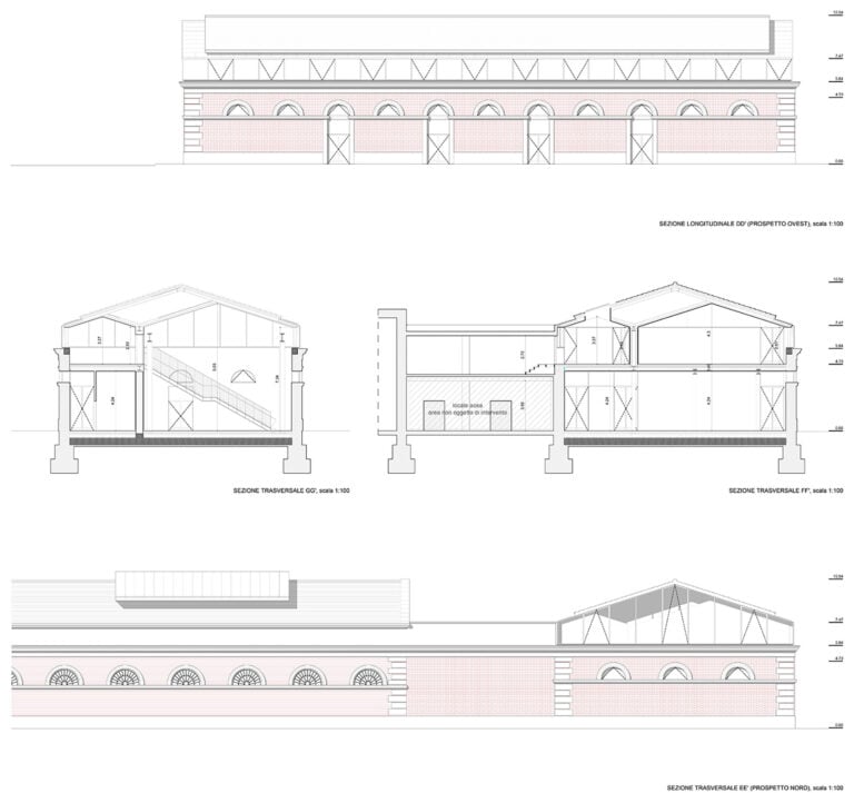 Sezioni e prospetto nord del padiglione 14. Progetto per l’insediamento dell’Università degli Studi Roma Tre nell’area dell’Ex-Mattatoio © Arch. Francesco Damiani