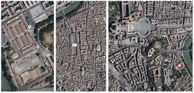 Gli spazi pubblici del Mattatoio comparati per dimensioni ad altre piazze importanti di Roma. Rielaborazione da foto satellitari © Martina Pietropaoli