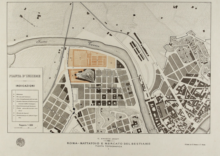 “Roma - Mattatoio e Mercato del Bestiame”, pianta topografica di Gioacchino Ersoch (1988-1990). Courtesy Francesca Romana Stabile, Archivio Urbano Testaccio