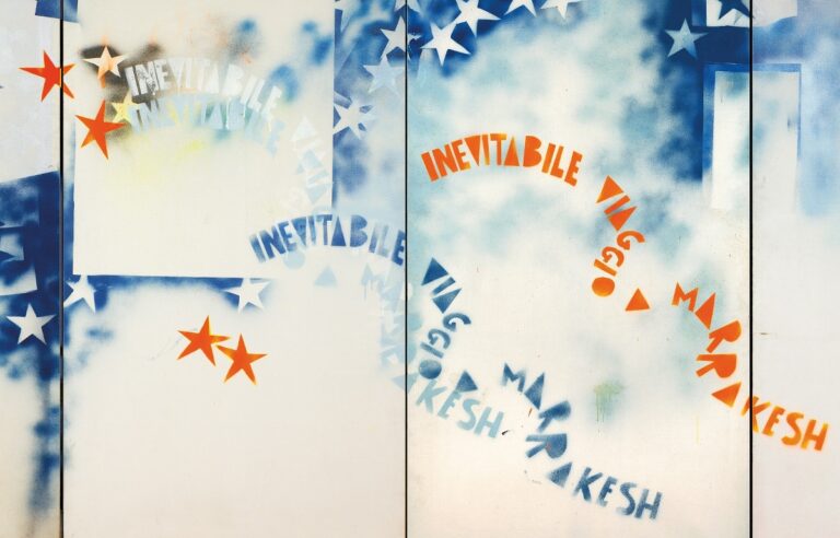 Mario Schifano, Inevitabile viaggio a Marrakesh, 1968, smalto e spray su tela 400x400cm polittico (particolare_titolo)©ArchivioMarioSchifano