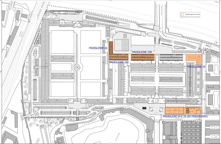 Inquadramento dell’intervento di recupero e ristrutturazione dei padiglioni 14, 15b, 15c, 16, 24, 25. Progetto per l’insediamento dell’Università degli Studi Roma Tre nell’area dell’Ex-Mattatoio © Arch. Francesco Damiani