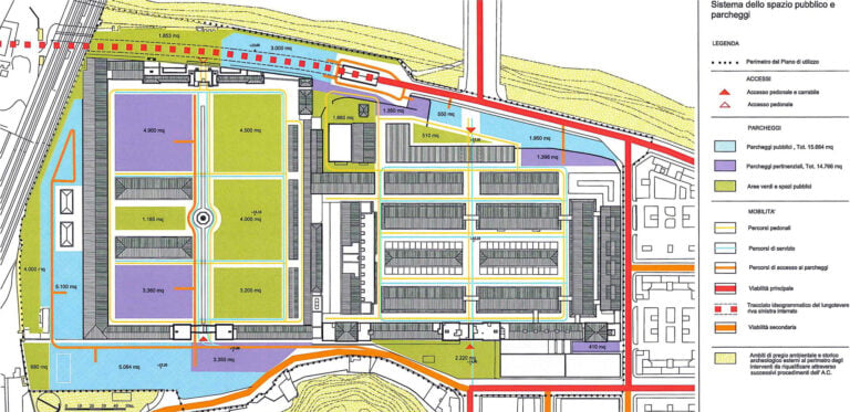 Sistemazione degli spazi aperti e dei parcheggi. Progetto per l’insediamento dell’Università degli Studi Roma Tre nell’area dell’Ex-Mattatoio © Arch. Francesco Damiani