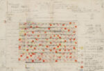 Carlo Scarpa, Sacello, Prospetto frontale, pianta e dettaglio al vero per il rivestimento esterno del Sacello, 1962-1964 Grafite, pastello giallo, rosso, arancio, azzurro, rosa e biro rossa su cartoncino. 432 x 632 mm. Inv. 31682 credit Archivio Carlo Scarpa, Museo di Castelvecchio. Musei Civici di Verona