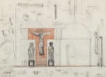 Carlo Scarpa, Allestimento ala della Galleria. Studio per il supporto espositivo della Crocifissione nella sala 4 della Galleria delle Sculture, 1962-1964 Grafite, pastello giallo e rosso su cartoncino, 316 x 432 mm. Inv 31700 credit Archivio Carlo Scarpa, Museo di Castelvecchio. Musei Civici di Verona