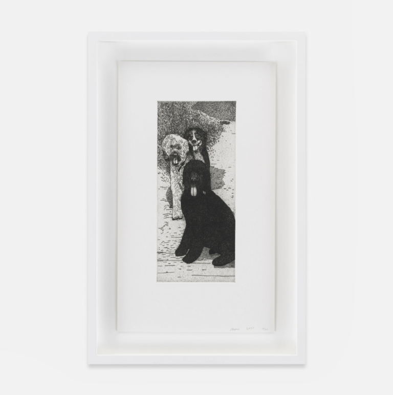 Jonas Wood, Three Dogs, 2020. Edition 10 of 20, Hard-ground etching and drypoint on white Somerset Satin paper © Timothy Taylor