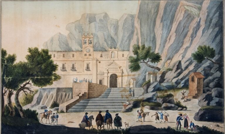 Nunzio Interguglielmi (Palermo, 1783-1858), Veduta della Chiesa di S. Rosalia a Monte Pellegrino, acquarello, tempera policroma su carta avorio. Collezione Galleria regionale Palazzo Abatellis