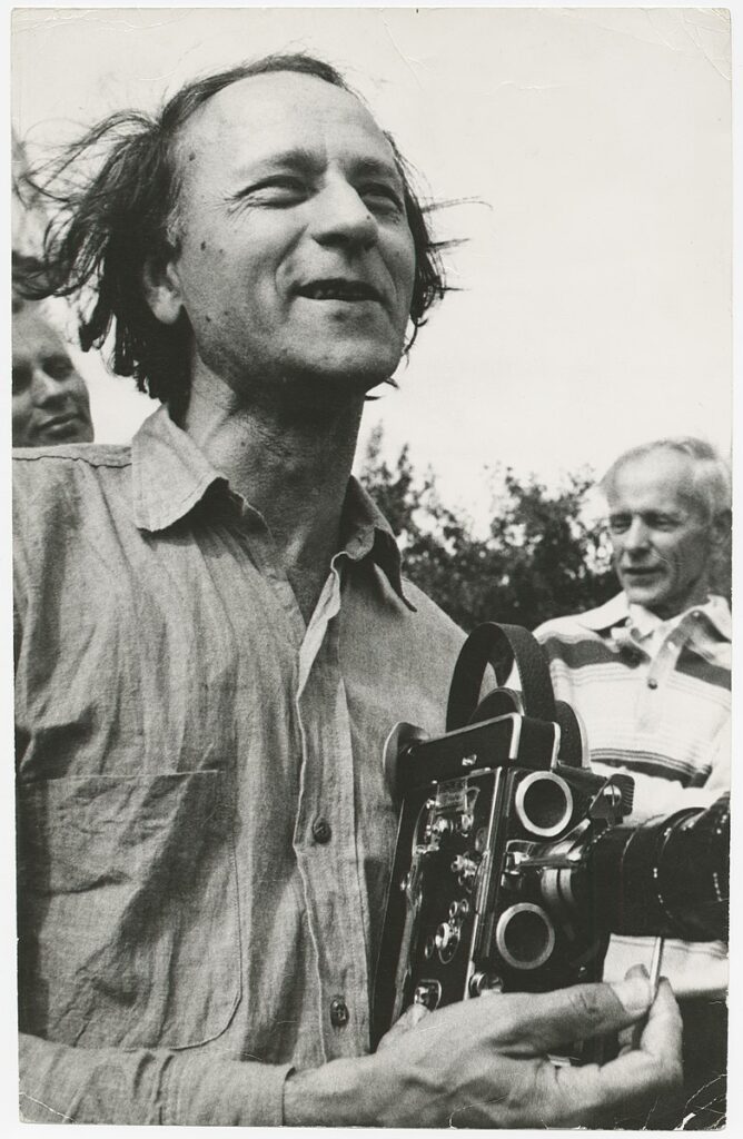 Jonas Mekas, visiting Biržai, Lithuania, 1971.Photographer Viktoras Kapočius. Lithuanian Central State Archives