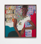 Serge Attukwei Clottey, James Baldwin, 2020–2021, Oil paint, paper posters, and duct tape on cork board, 127 x 124,5 cm. Courtesy of the artist and Simchowitz Gallery, Los Angeles © Bildrecht, Wien 2024