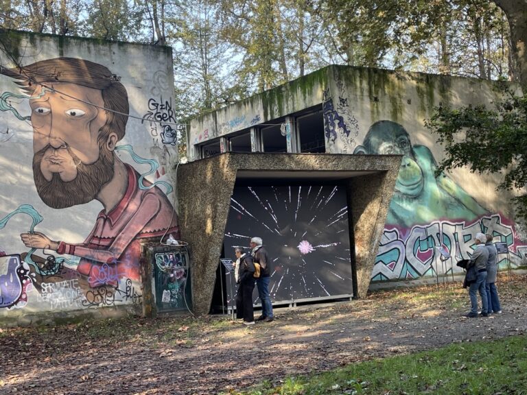 Video di Andro Eradz sulla facciata di un edificio dell'ex Zoo di Torino, foto Claudia Giraud