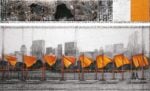 Christo The Gates (Project for Central Park, New York City) Drawing 2004–2005 in two parts Pencil, charcoal, pastel, wax crayon, technical drawing, aerial photograph, and fabric sample 38 x 244 cm and 106.6 x 244 cm (15 x 96 in and 42 x 96 in) — Property of the Christo and Jeanne-Claude Foundation . Part of The Gates Documentation Exhibition Photo: André Grossmann © 2005 Christo and Jeanne-Claude Foundation