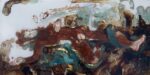 Sabatino Cersosimo, Esperimento per uomo sdraiato e natura astratta (2021) - olio, ossidazione, bitume e foglia d'oro su acciaio, 25x50 cm_