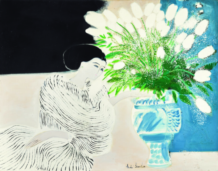 André Brasilier, Donna con grande vaso italiano, olio su tela, 1988 Courtesy Galerie Opera