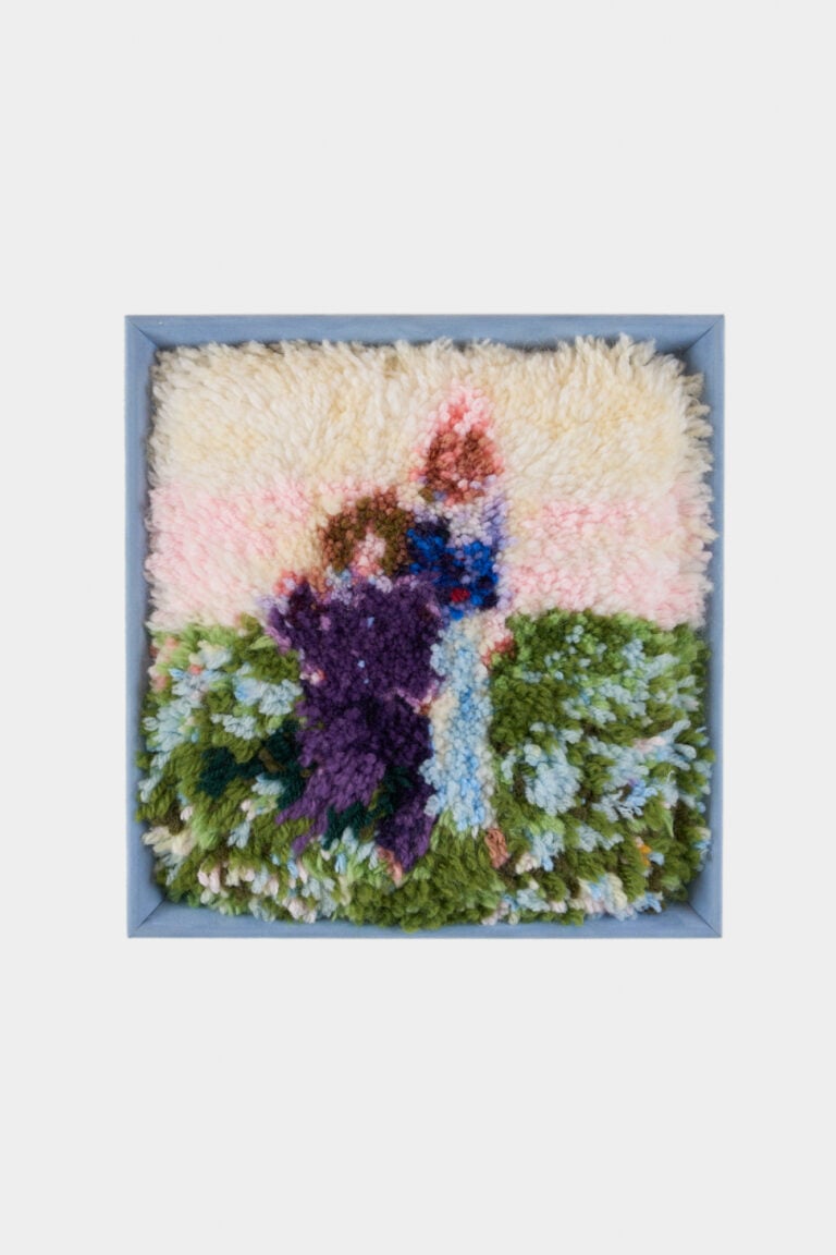 Barbara Prenka, Dudi, 2025, cotton fabric with holes, crocheted with synthetic yarn, velvet frame, 24 x 23 x 6.3 cm each, Courtesy the artist and A plus A Gallery, ph Clelia Cadamuro