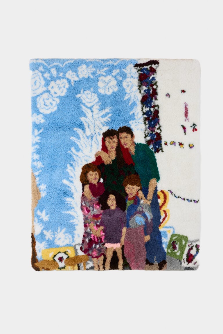 Barbara Prenka, Reunion with aunts and uncles, 2023, cotton fabric with holes, crocheted with synthetic yarn, 160 x 130 cm, Courtesy the artist and A plus A Gallery, ph Clelia Cadamuro