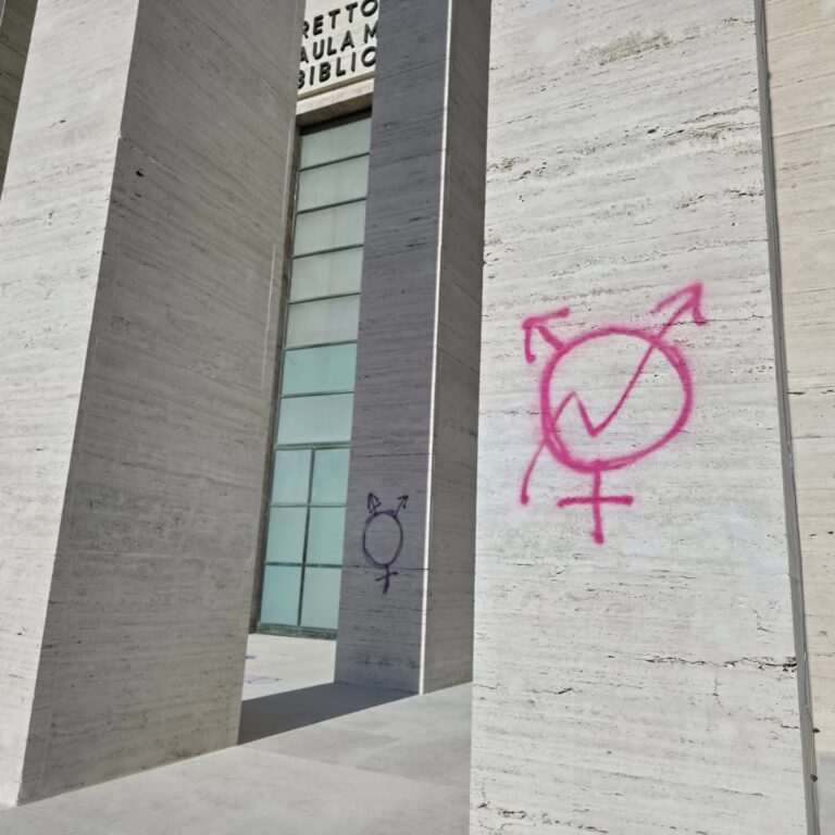 scritte e simboli sfregiano aree della sapienza di roma durante una manifestazione contro i femminicidi Sfregiata la Minerva della Sapienza di Roma. Simboli, cultura e spazio pubblico nella lotta ai femminicidi