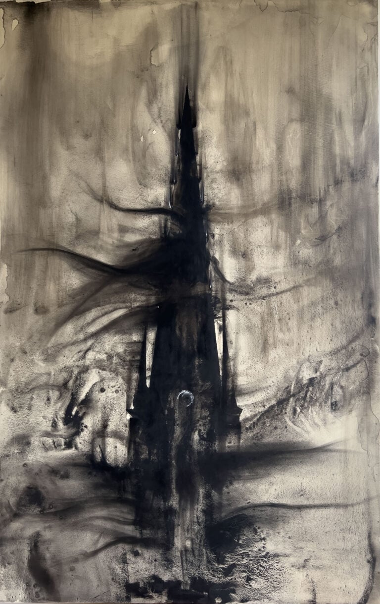 Jacopo Pannocchia. Guglia,130x80 cm, carbone, pigmenti,argilla e ossidi su tavola preparata,2025. Courtesy of the artist